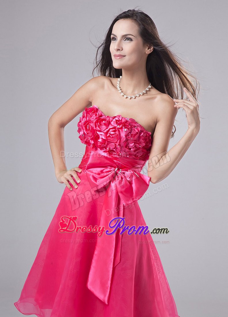 Sweetheart Hand Made Flowers Decorated Bust Prom Dress in Hot Pink