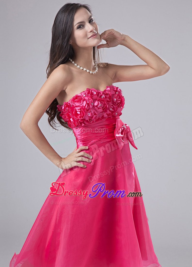 Sweetheart Hand Made Flowers Decorated Bust Prom Dress in Hot Pink
