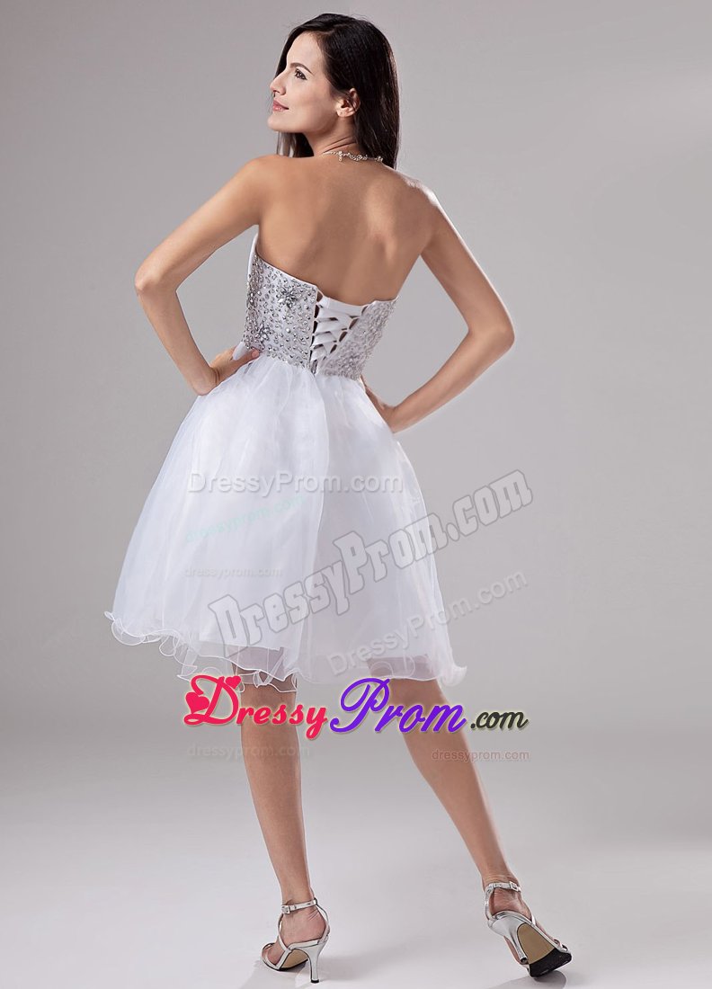 White Ruching Sweetheart Beaded Waist A-Line Prom Dress in Organza