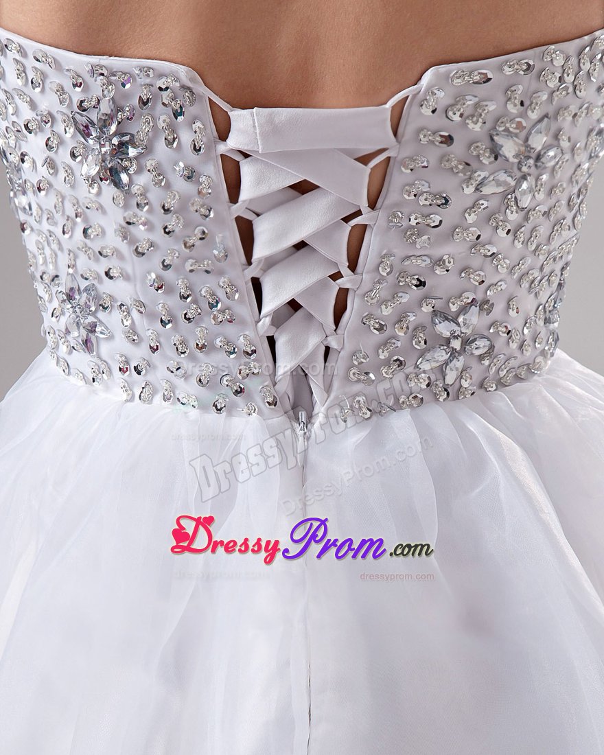 White Ruching Sweetheart Beaded Waist A-Line Prom Dress in Organza