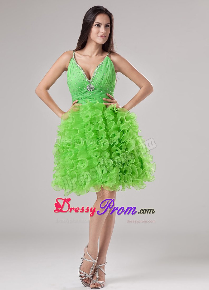 Beading and Ruffles A-line V-neck Mini Prom Dress in Spring Green