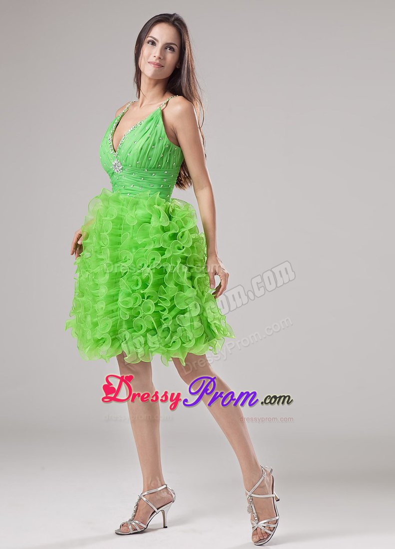 Beading and Ruffles A-line V-neck Mini Prom Dress in Spring Green