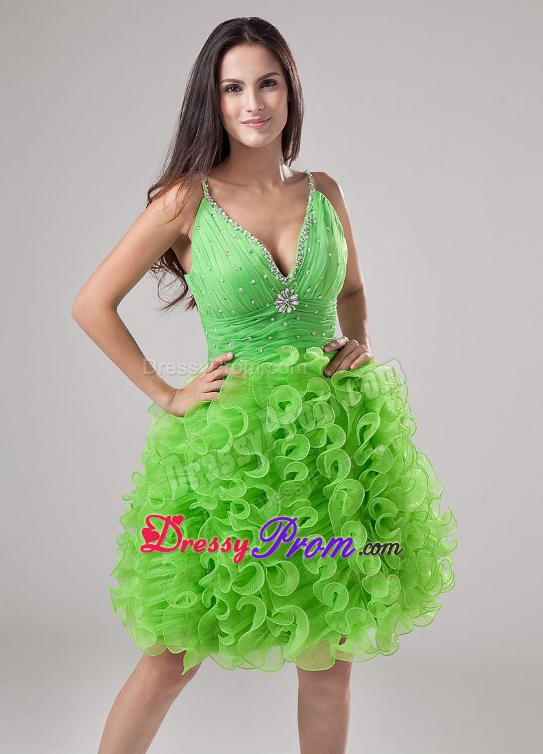 Beading and Ruffles A-line V-neck Mini Prom Dress in Spring Green