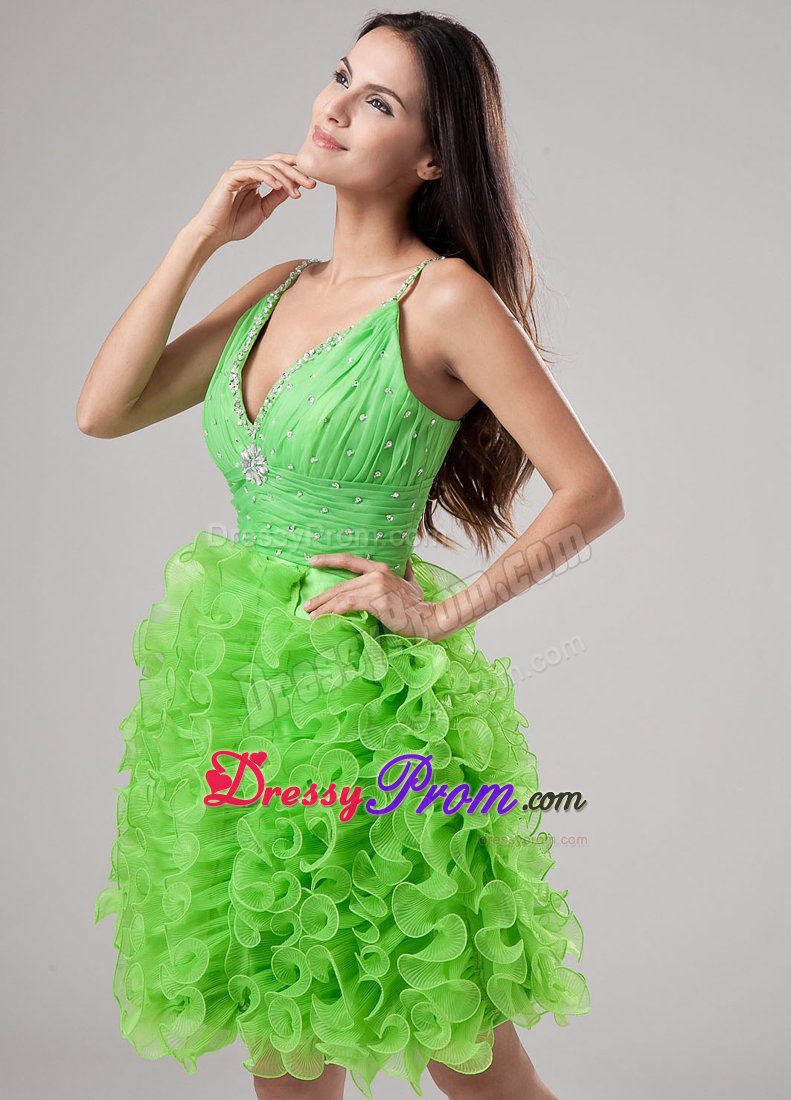 Beading and Ruffles A-line V-neck Mini Prom Dress in Spring Green