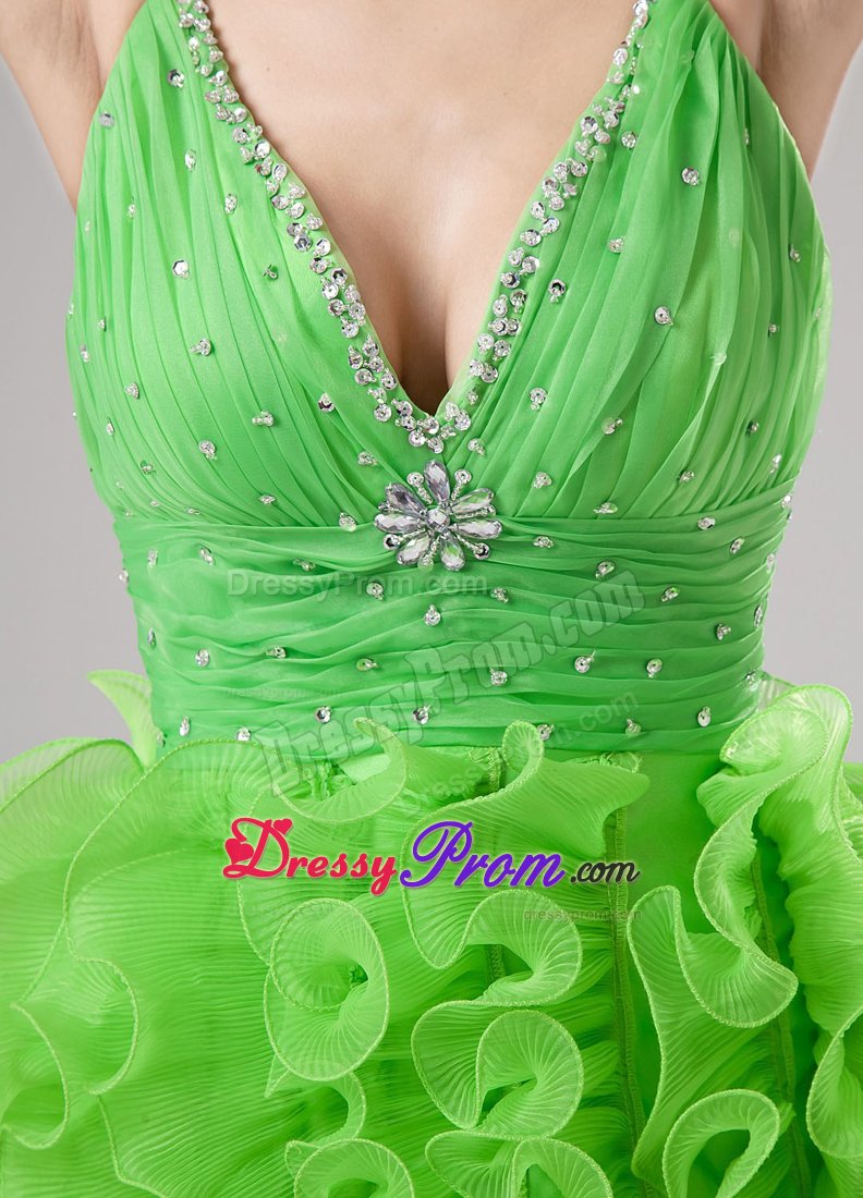 Beading and Ruffles A-line V-neck Mini Prom Dress in Spring Green