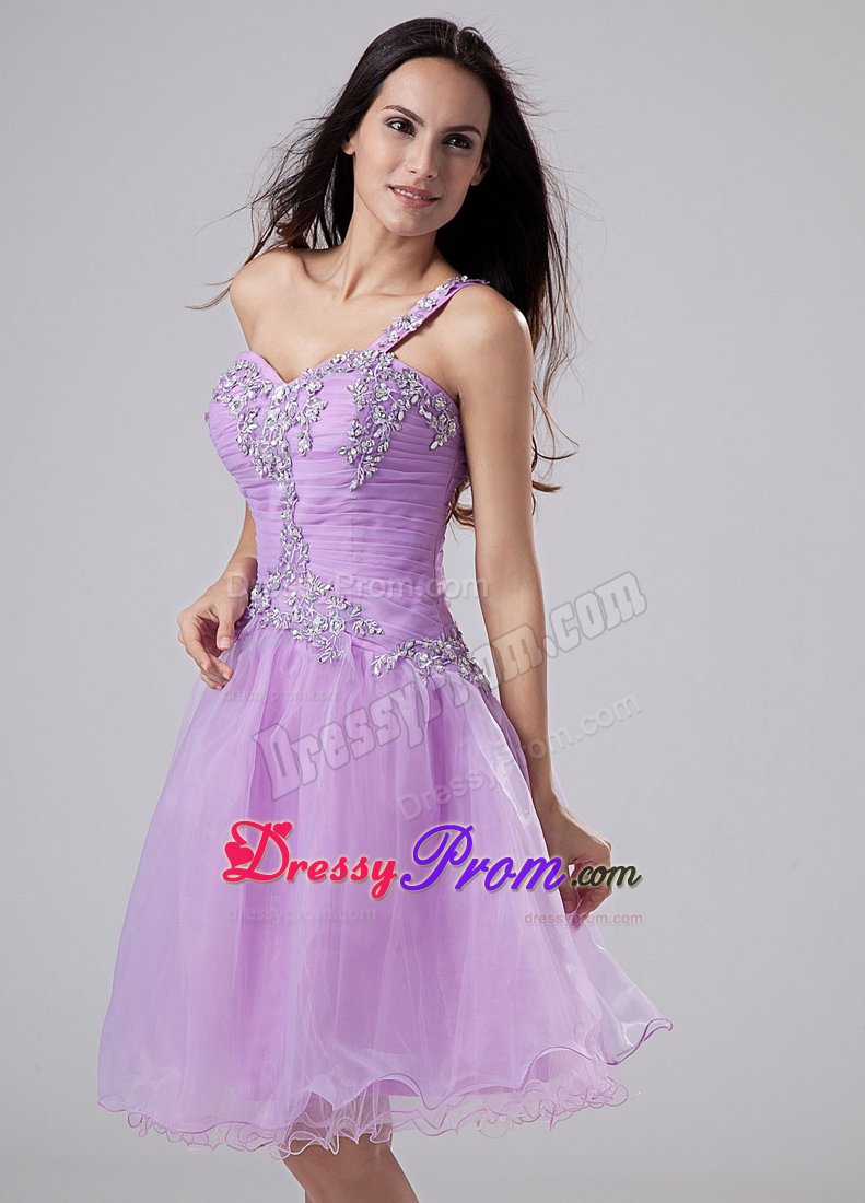 One Shoulder Ruched Appliques Prom Homecoming Dress in Lavender