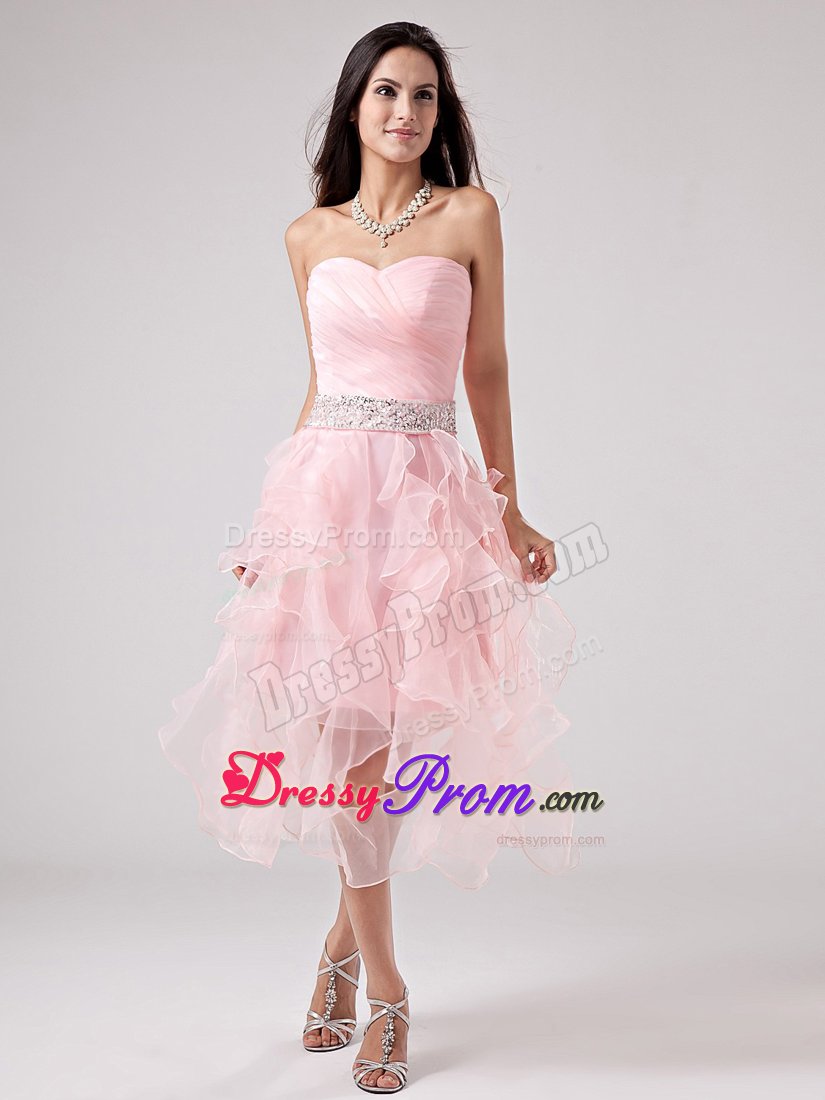 Baby Pink Ruffles Beaded Decorated Sash and Ruching Prom Dress