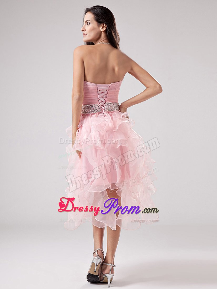 Baby Pink Ruffles Beaded Decorated Sash and Ruching Prom Dress