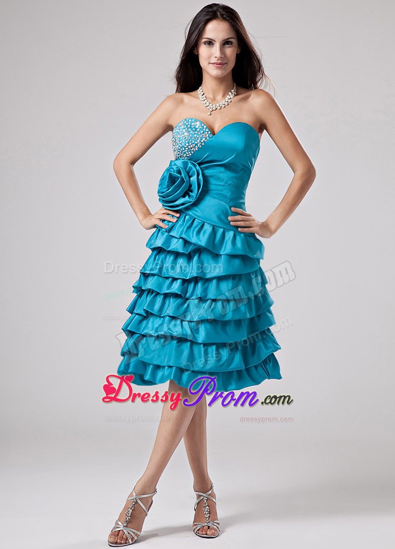 Teal Ruffled Layers Prom Dress with Hand Made Flower on the Waist