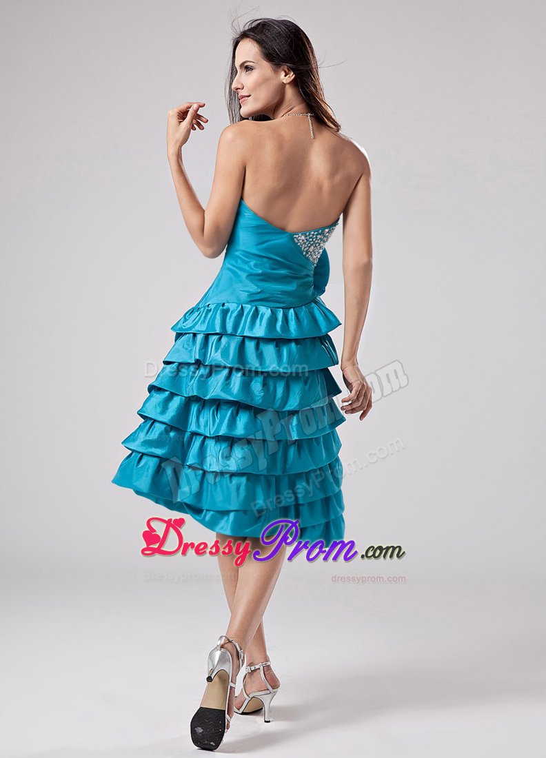 Teal Ruffled Layers Prom Dress with Hand Made Flower on the Waist