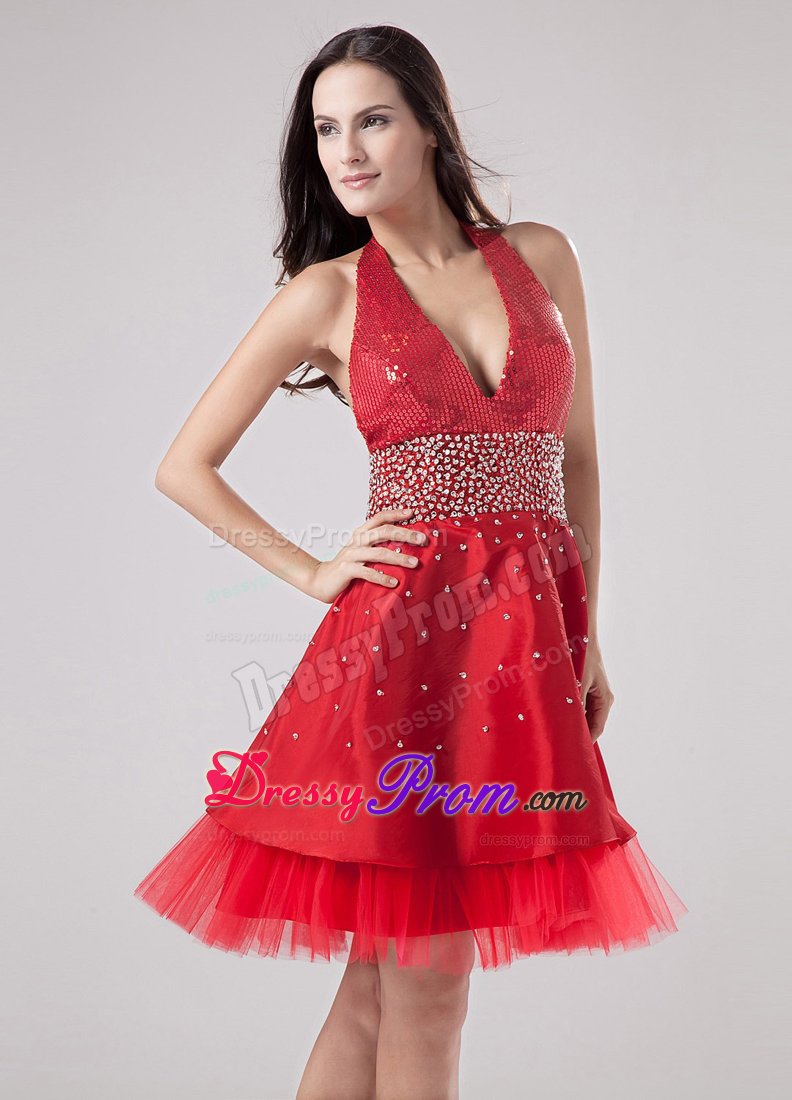 Red Halter Prom Dress Accent for Beaded Sash and Sequin Bodice