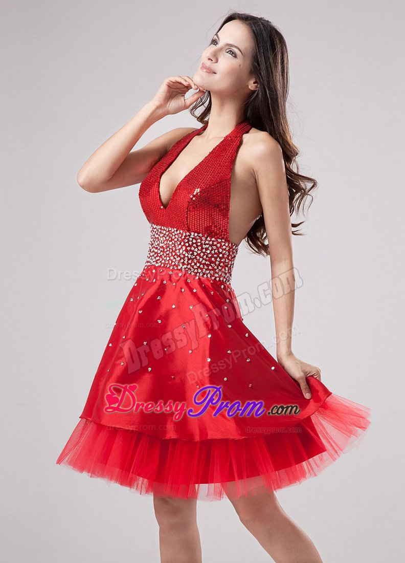 Red Halter Prom Dress Accent for Beaded Sash and Sequin Bodice