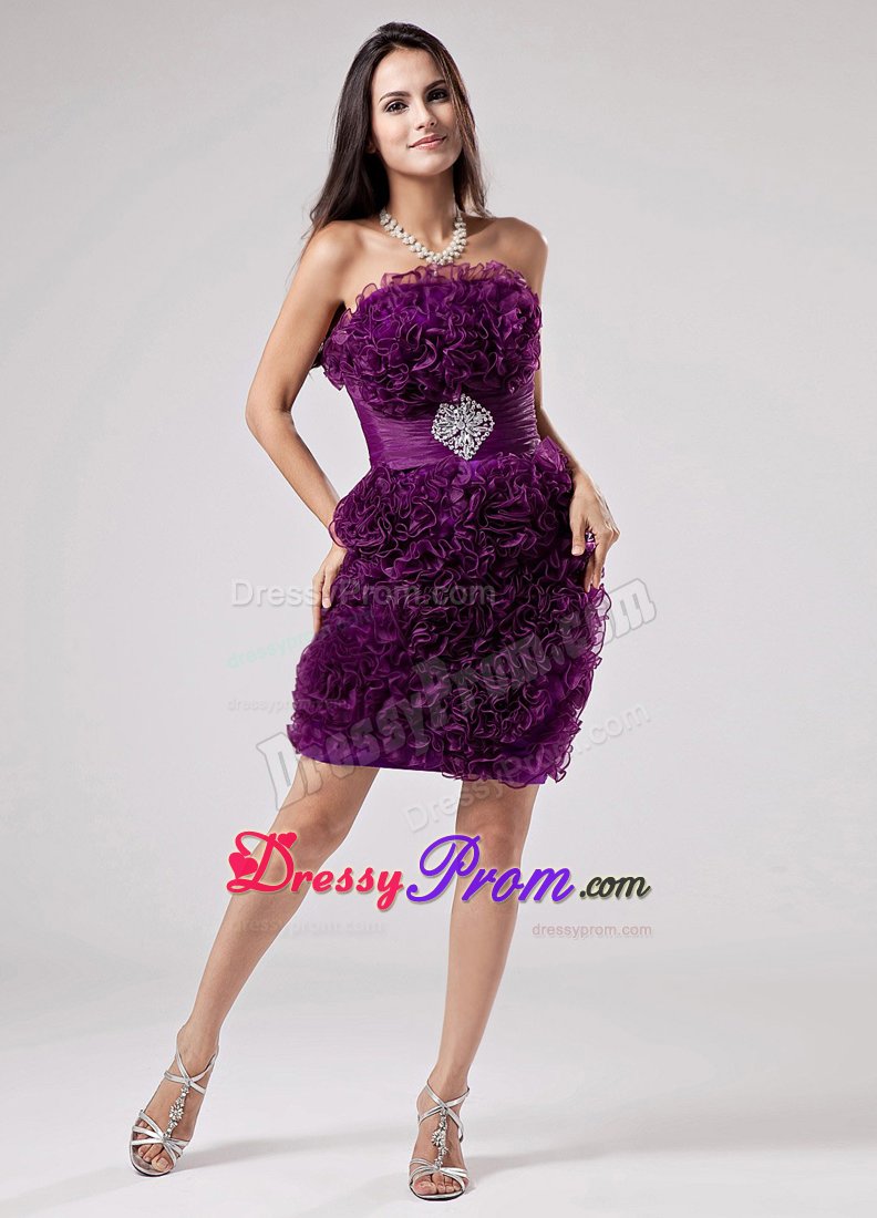 Fashionable Strapless Prom Party Dress Ruffles Organza in Purple
