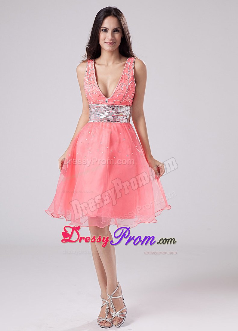 Paillette Waistband V-neck Straps A-Line Prom Dress in Watermelon