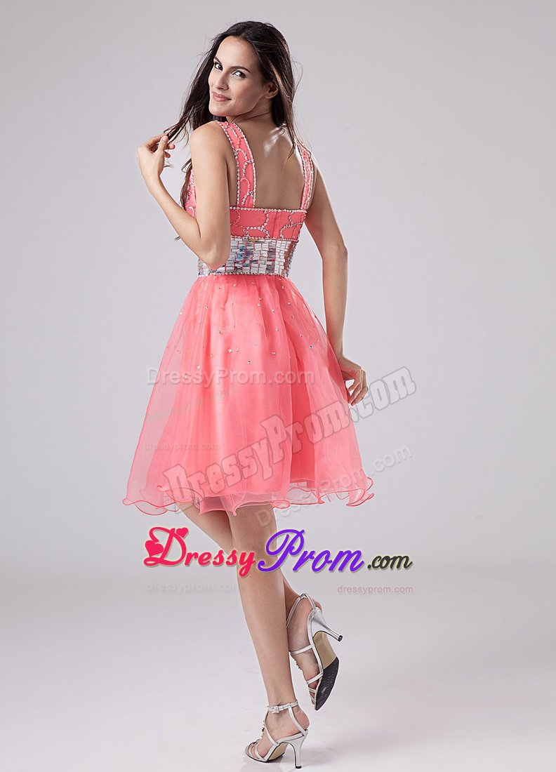 Paillette Waistband V-neck Straps A-Line Prom Dress in Watermelon