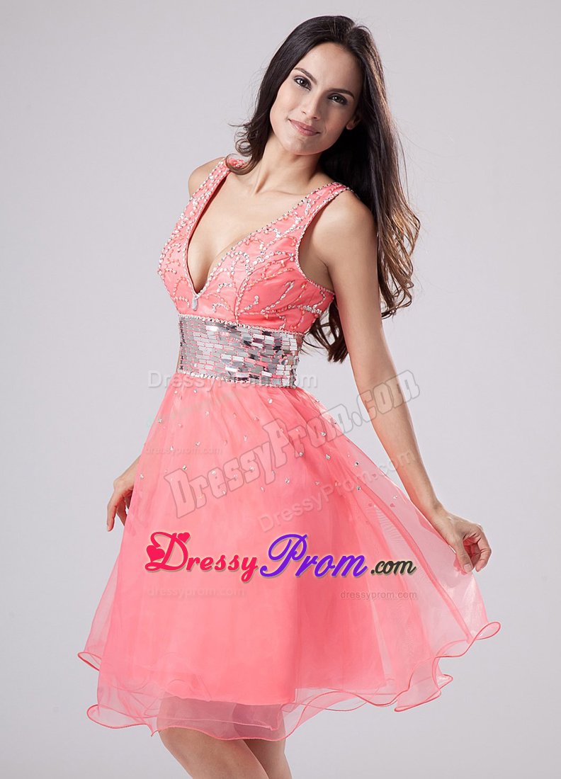 Paillette Waistband V-neck Straps A-Line Prom Dress in Watermelon