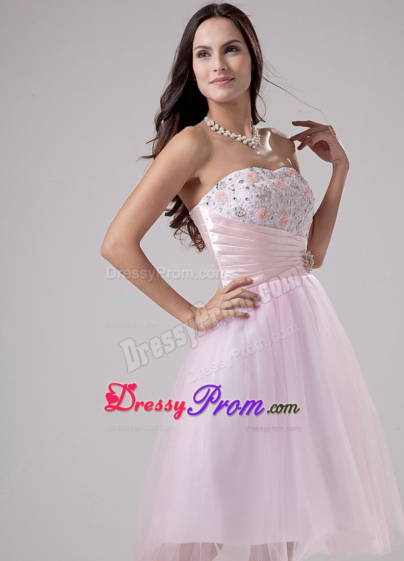 Pink A-Line Strapless Tulle Tea-length Prom Dress with Lace and Beading