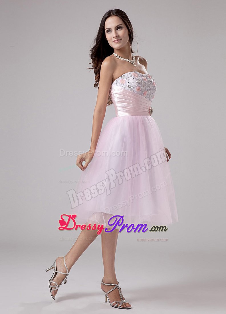 Pink A-Line Strapless Tulle Tea-length Prom Dress with Lace and Beading