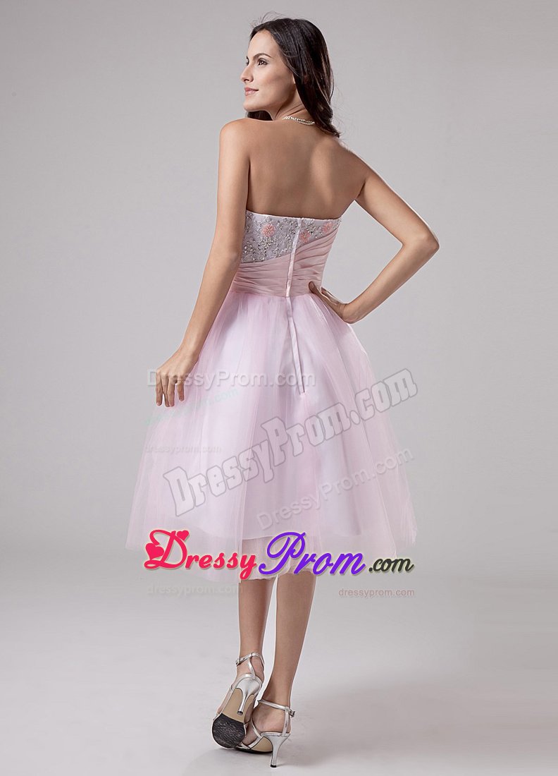 Pink A-Line Strapless Tulle Tea-length Prom Dress with Lace and Beading