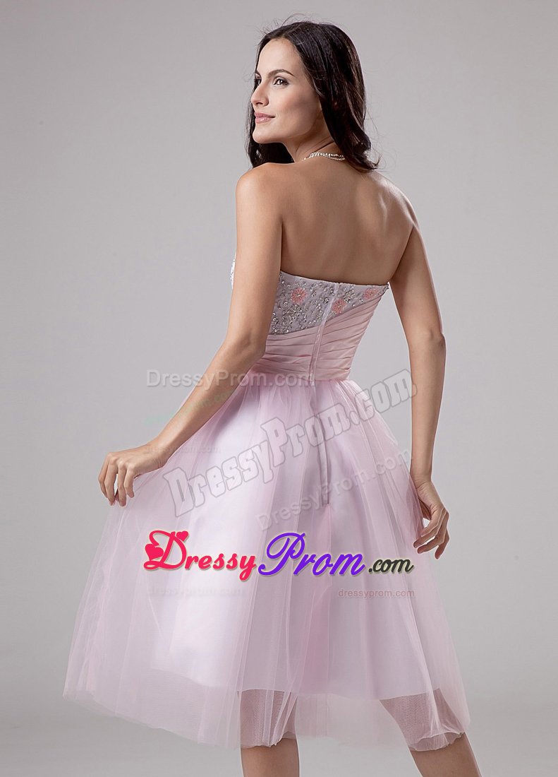 Pink A-Line Strapless Tulle Tea-length Prom Dress with Lace and Beading