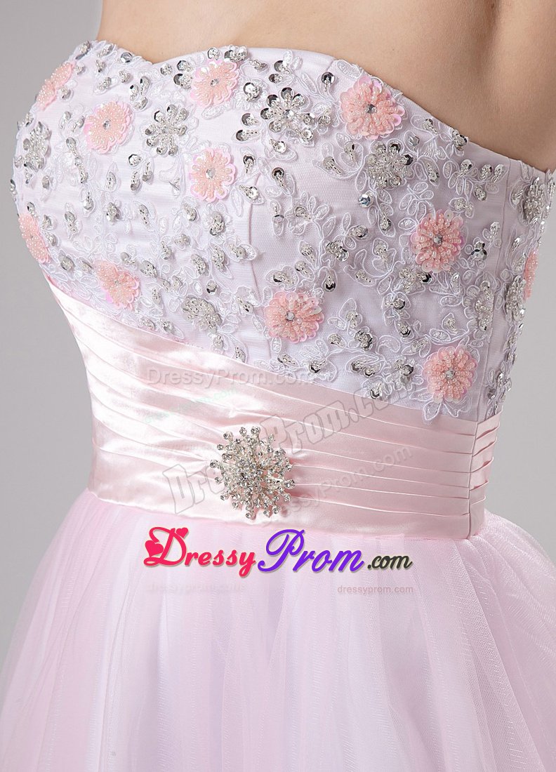 Pink A-Line Strapless Tulle Tea-length Prom Dress with Lace and Beading