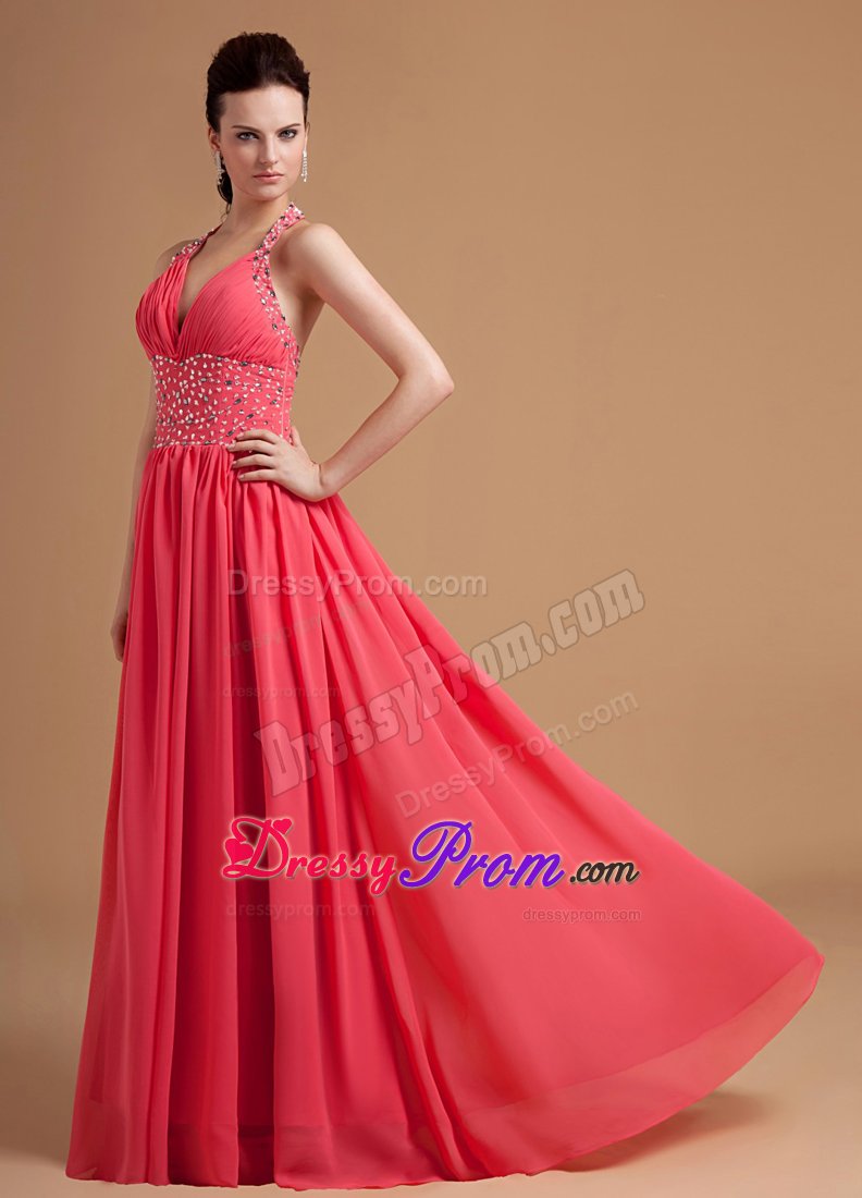 Delish Plunging Beaded Prom Party Dress Halter Top Floor-length