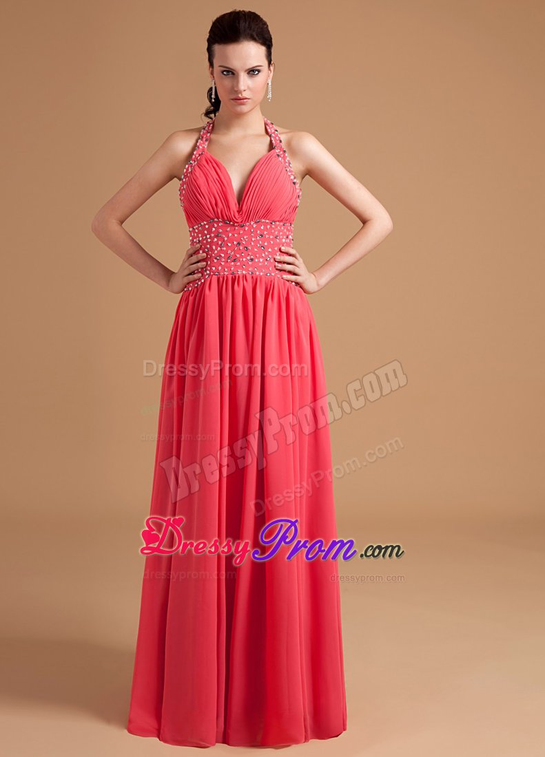 Delish Plunging Beaded Prom Party Dress Halter Top Floor-length