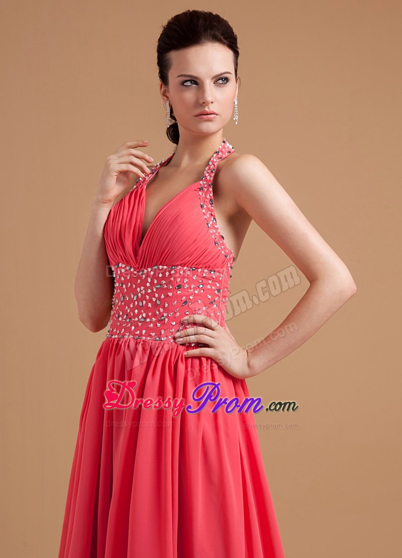 Delish Plunging Beaded Prom Party Dress Halter Top Floor-length