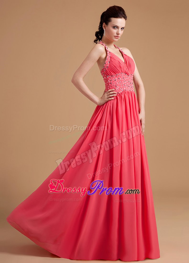 Delish Plunging Beaded Prom Party Dress Halter Top Floor-length