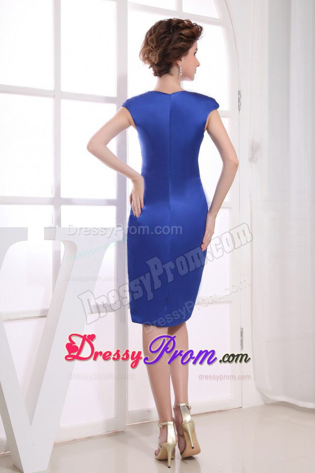 Stylish Blue V-neck Satin Prom Celebrity Dress with Short Sleeves