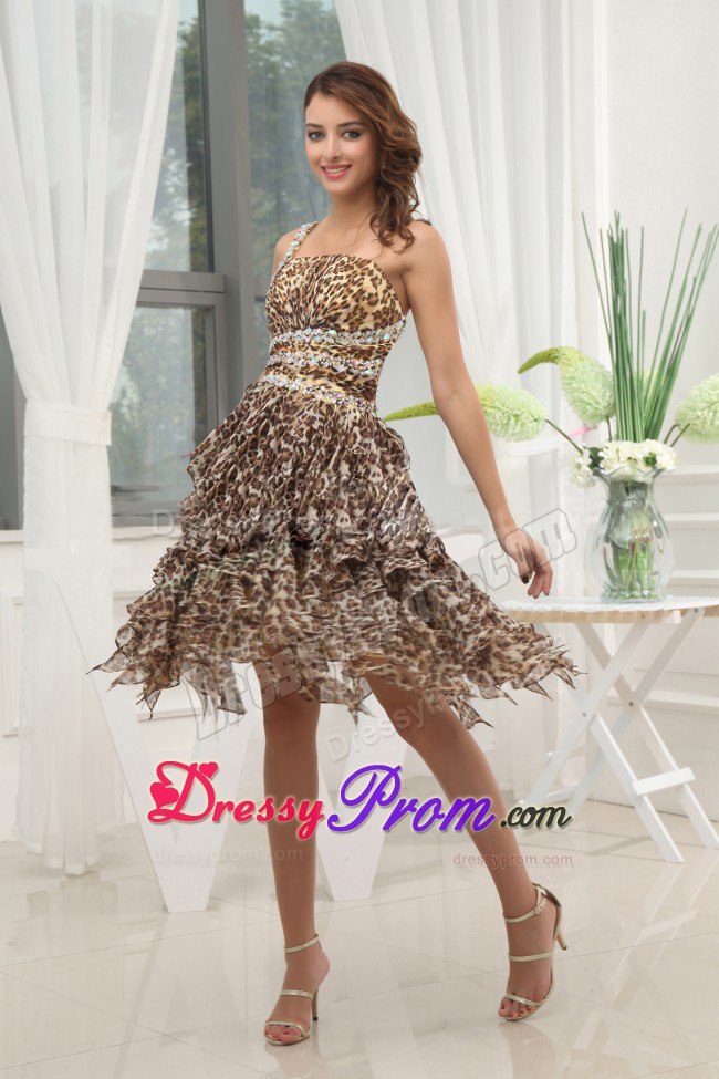 One Shoulder Leopard Prom Evening Dress Ruffled Layers