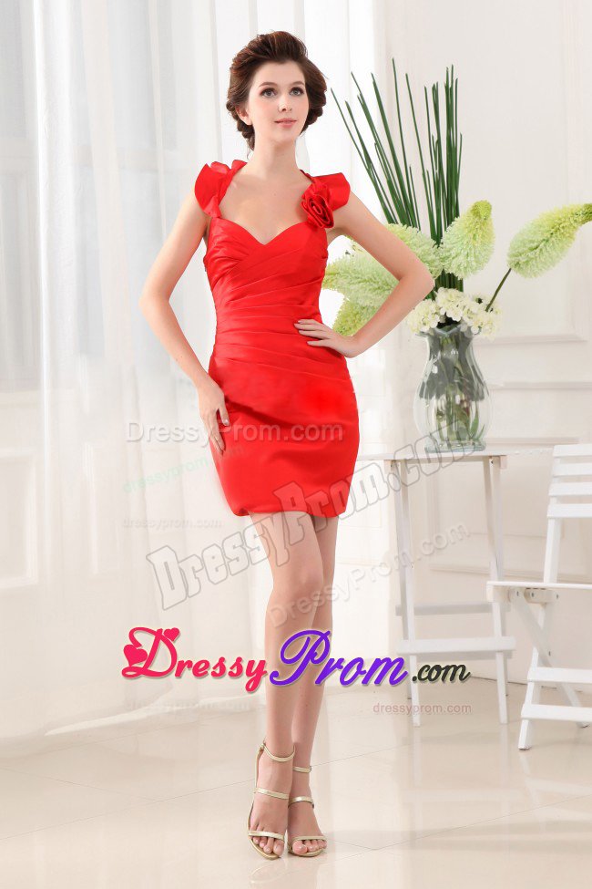 Taffeta Halter Top Beaded Red Prom Dress with Handmade Flower