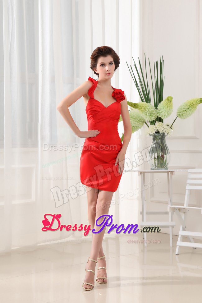 Taffeta Halter Top Beaded Red Prom Dress with Handmade Flower