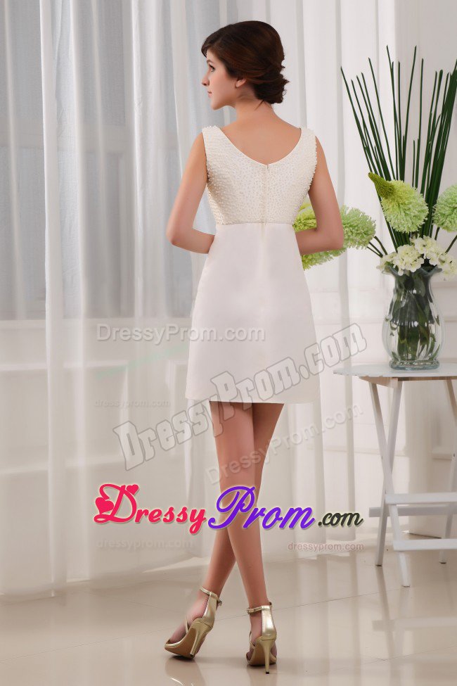 Square Beading Column Bodice Satin Mini-length Prom Dress in White