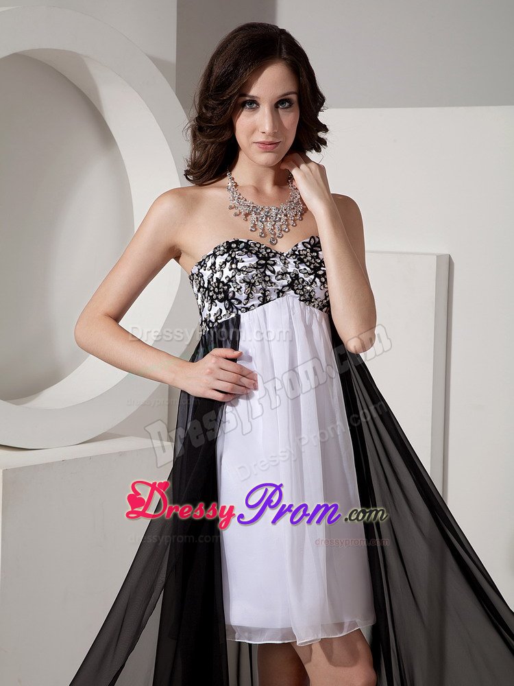 High Low Prom Dress in Black and White with Appliques and Beading
