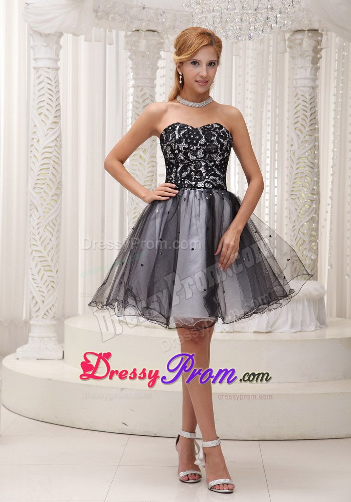 Lace Decorated Top Black and White Prom / Cocktail Dress With Sequins