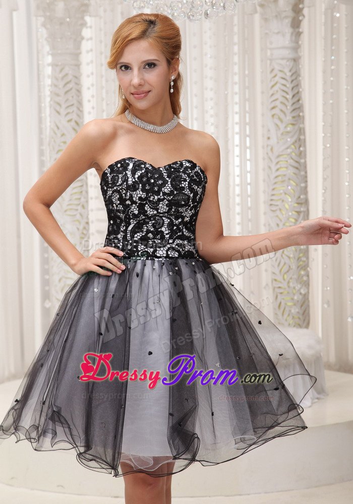 Lace Decorated Top Black and White Prom / Cocktail Dress With Sequins