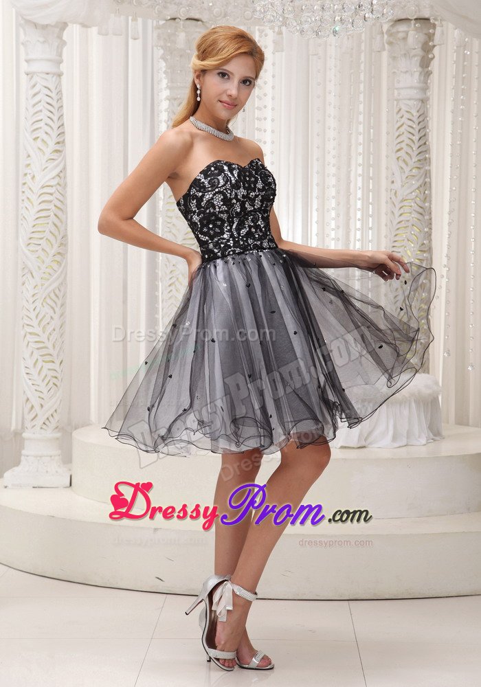 Lace Decorated Top Black and White Prom / Cocktail Dress With Sequins