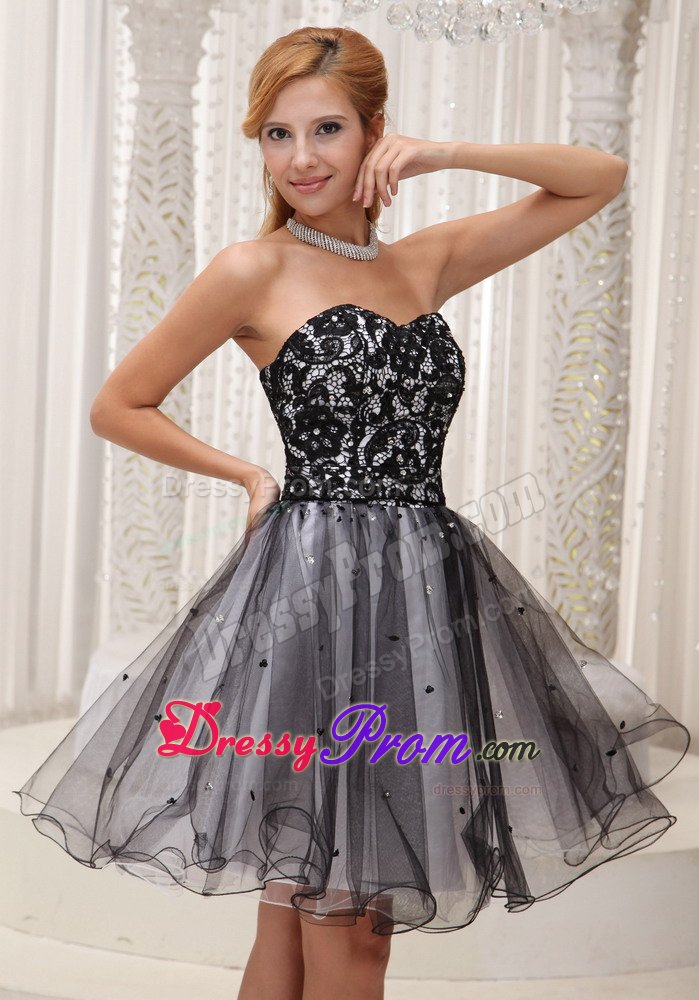 Lace Decorated Top Black and White Prom / Cocktail Dress With Sequins