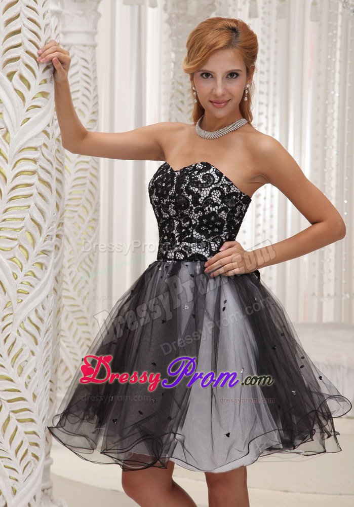 Lace Decorated Top Black and White Prom / Cocktail Dress With Sequins