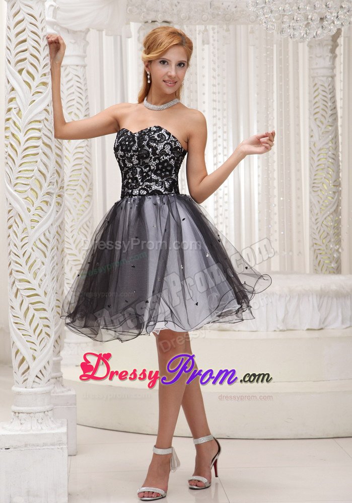 Lace Decorated Top Black and White Prom / Cocktail Dress With Sequins