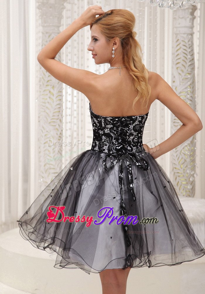 Lace Decorated Top Black and White Prom / Cocktail Dress With Sequins