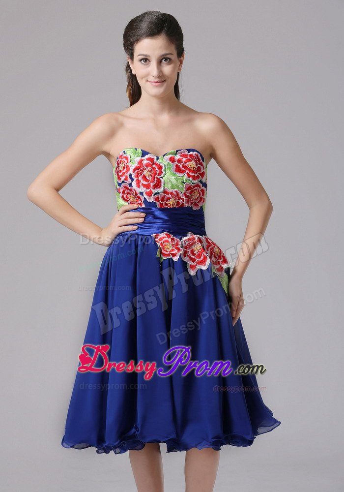 Chiffon Knee-length Sweetheart Appliqued Blue Prom Dresses