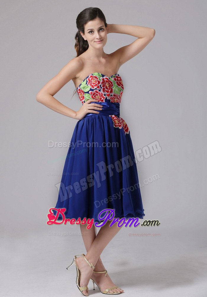 Chiffon Knee-length Sweetheart Appliqued Blue Prom Dresses