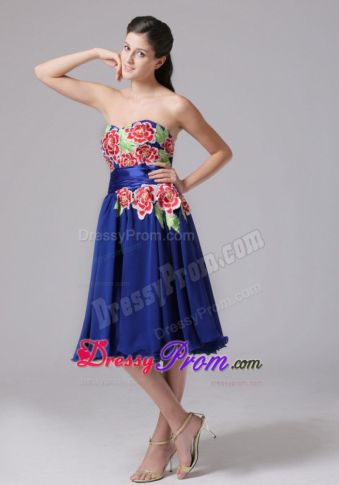 Chiffon Knee-length Sweetheart Appliqued Blue Prom Dresses