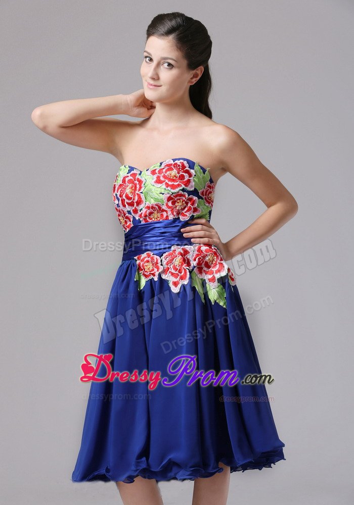 Chiffon Knee-length Sweetheart Appliqued Blue Prom Dresses