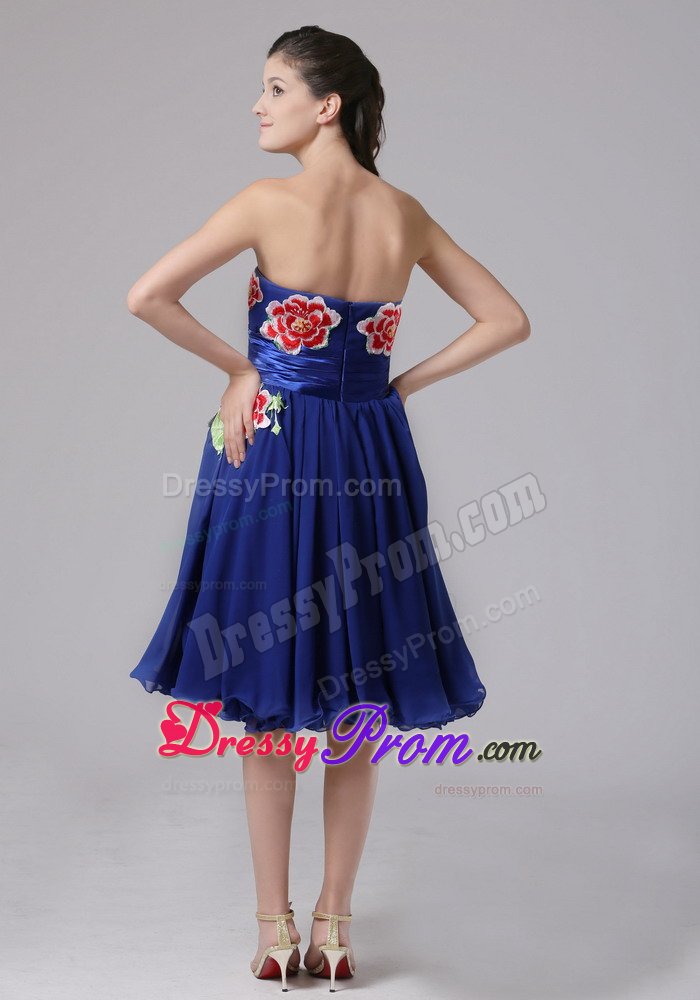 Chiffon Knee-length Sweetheart Appliqued Blue Prom Dresses
