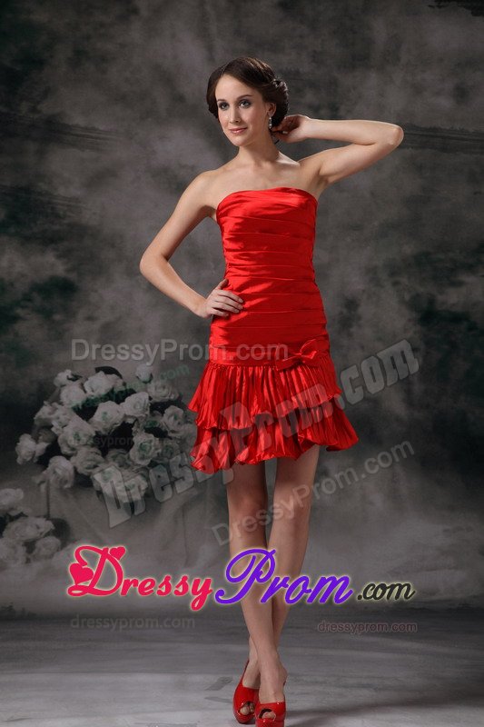 Taffeta Column Strapless Ruched Red Prom Holiday Dress 2014