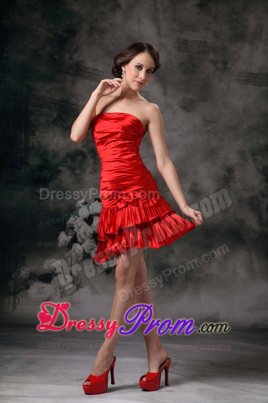 Taffeta Column Strapless Ruched Red Prom Holiday Dress 2014
