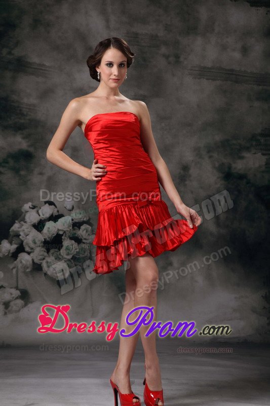 Taffeta Column Strapless Ruched Red Prom Holiday Dress 2014